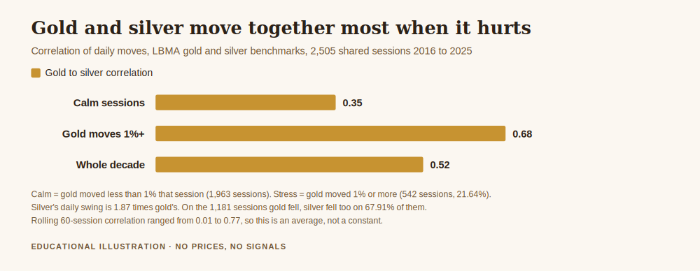 Gold vs silver correlation chart showing correlation of 0.35 on calm sessions, 0.68 when gold moves one percent or more, and 0.52 across the whole decade