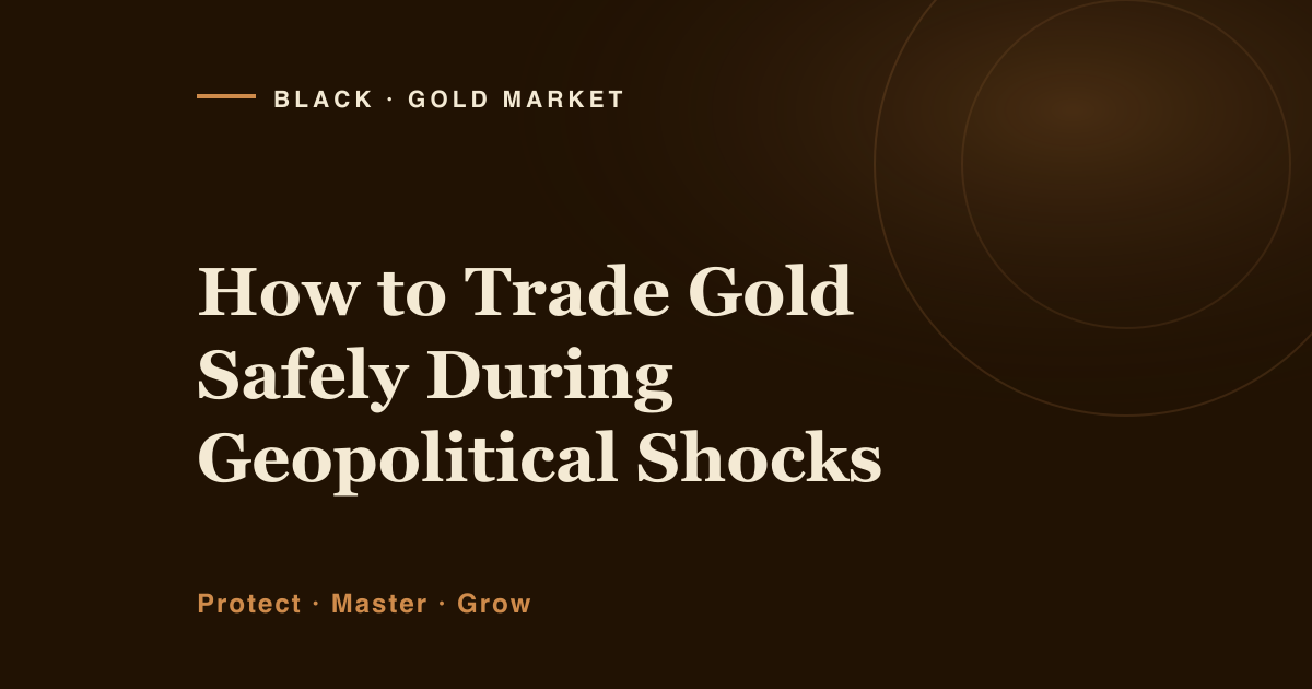 A calm illustration of gold reacting to a geopolitical shock: a quiet market, a sudden safe-haven spike, and a volatile whipsaw afterwards