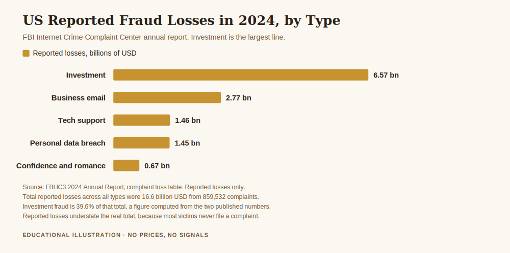 Chart supporting how to verify forex account, showing US reported fraud losses in 2024 by type with investment fraud largest at 6.57 billion dollars