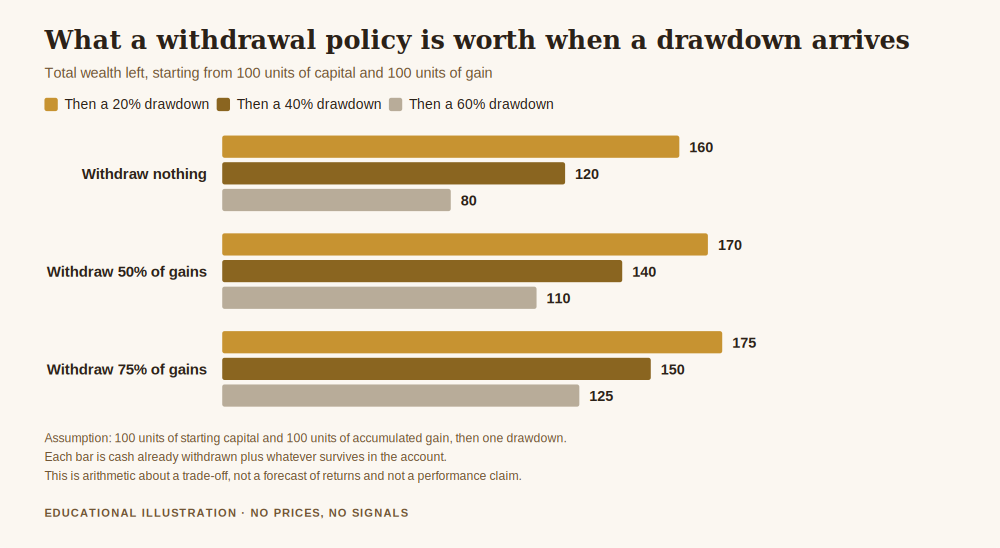 Chart showing what a withdrawal policy is worth when a drawdown arrives, part of how to withdraw from forex trading account sensibly