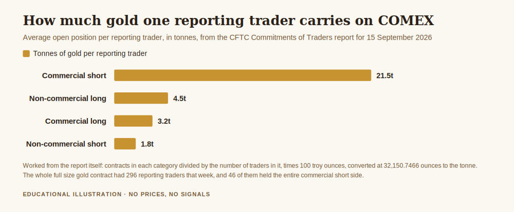 Chart answering what is COMEX gold by showing the average open position per reporting trader in COMEX gold futures, in tonnes, from the CFTC Commitments of Traders report
