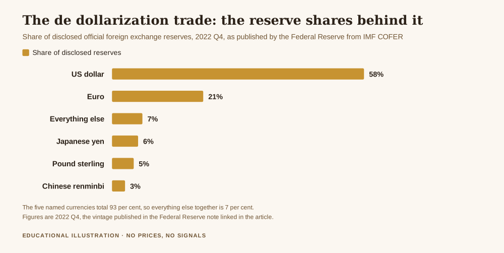 What is the de dollarization trade, bar chart of the share of disclosed official foreign exchange reserves in 2022, US dollar 58 per cent, euro 21 per cent, all other currencies 7 per cent, Japanese yen 6 per cent, pound sterling 5 per cent and Chinese renminbi 3 per cent