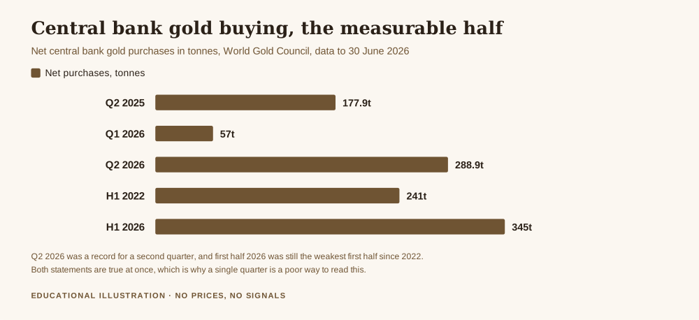 Bar chart of net central bank gold purchases in tonnes supporting what is the de dollarization trade, Q2 2025 at 177.9 tonnes, Q1 2026 at 57 tonnes, Q2 2026 at 288.9 tonnes, first half 2022 at 241 tonnes and first half 2026 at 345 tonnes