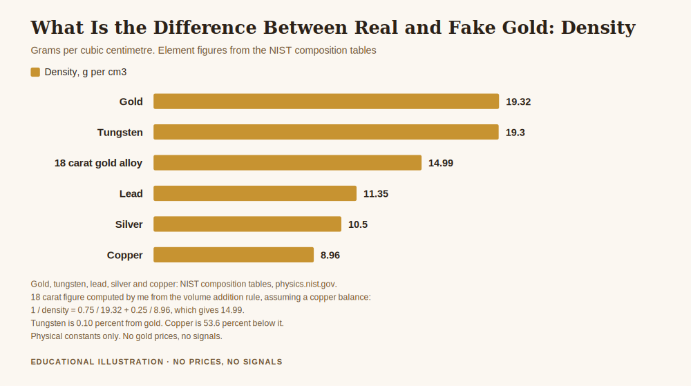 Chart showing what is the difference between real and fake gold by density, with tungsten almost identical to gold and copper, silver and lead far below