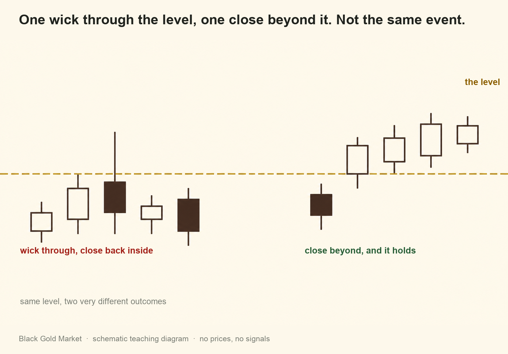 breakouts and false breaks shown as wick versus close on a resistance level