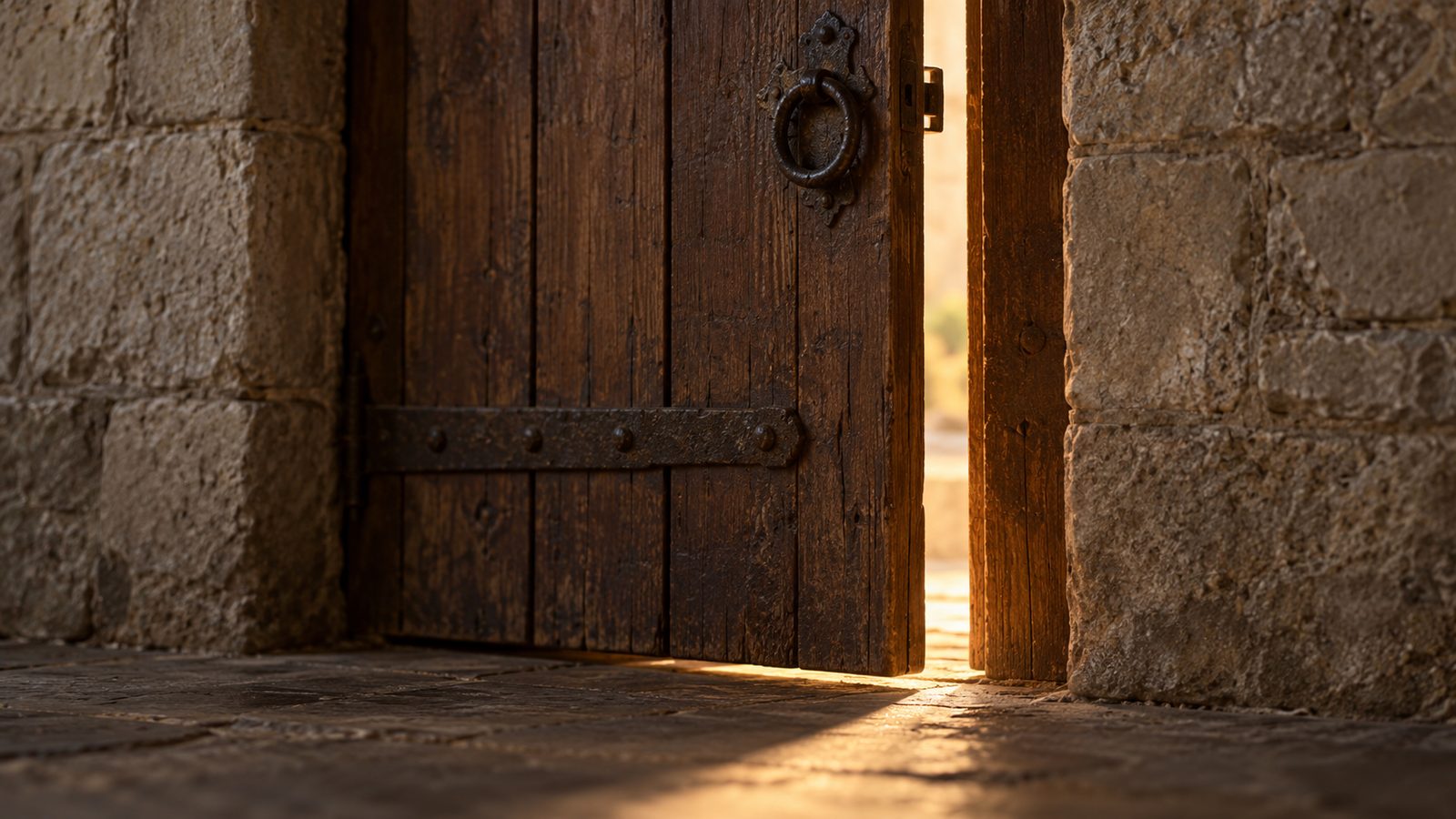 A heavy wooden door standing slightly ajar with light through the gap, an image for a lesson on breakouts and false breaks