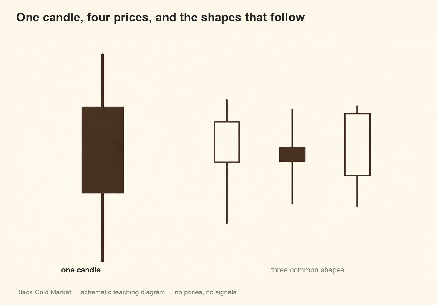 Candlestick chart diagram showing open, high, low, close and three common candle shapes