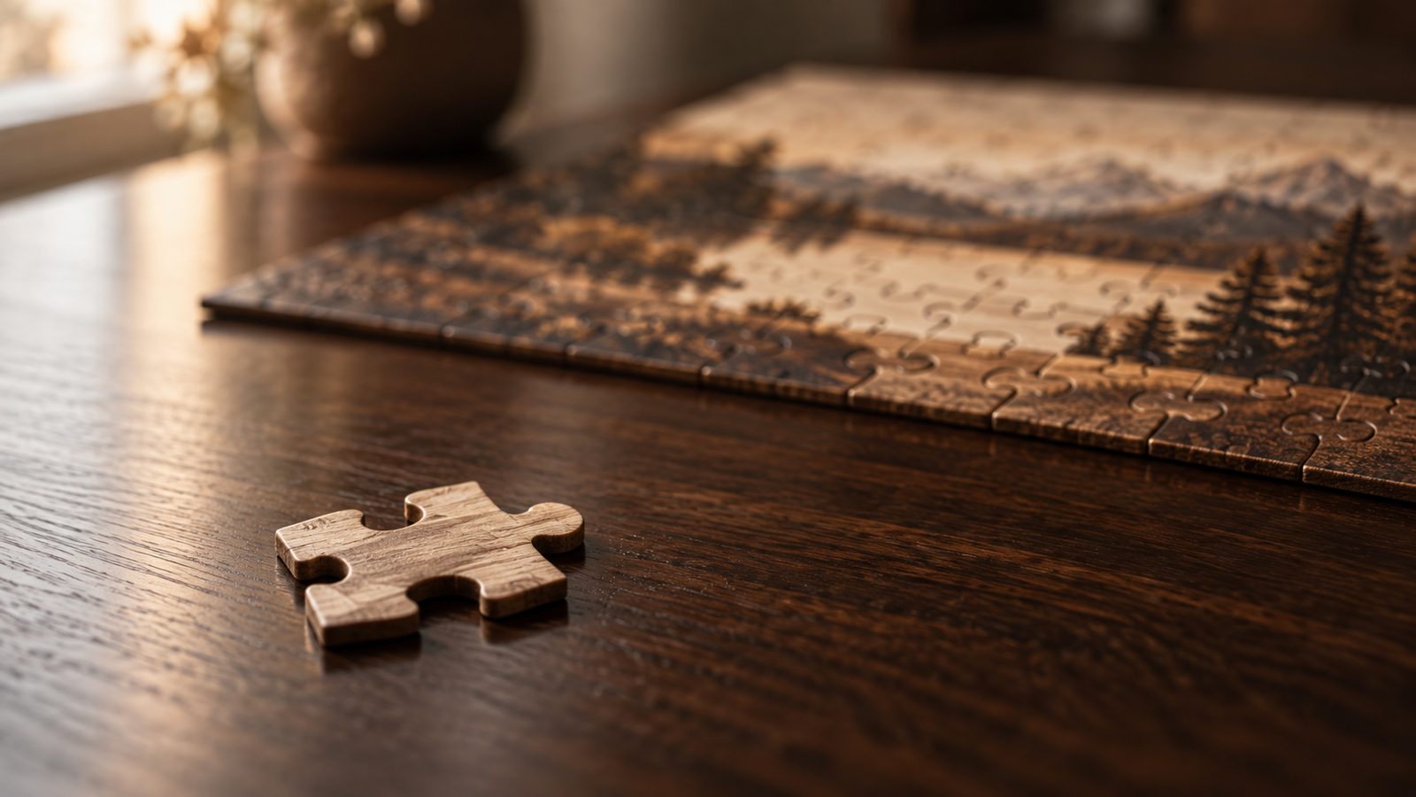 A single jigsaw piece lying in front of a finished puzzle, an image for a lesson on candles and context