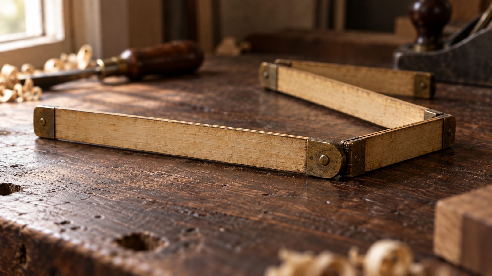 An old folding carpenter rule on a workbench, an image for a lesson on Fibonacci and pivot levels
