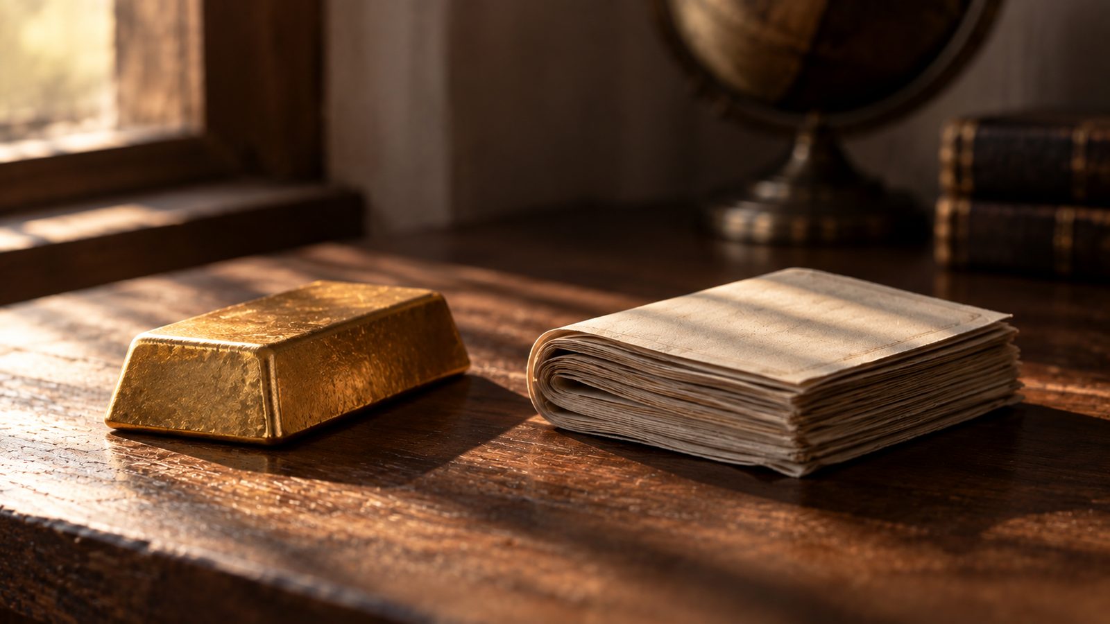 A gold bar beside a folded stack of paper notes, an image for a lesson on gold, the dollar and real yields