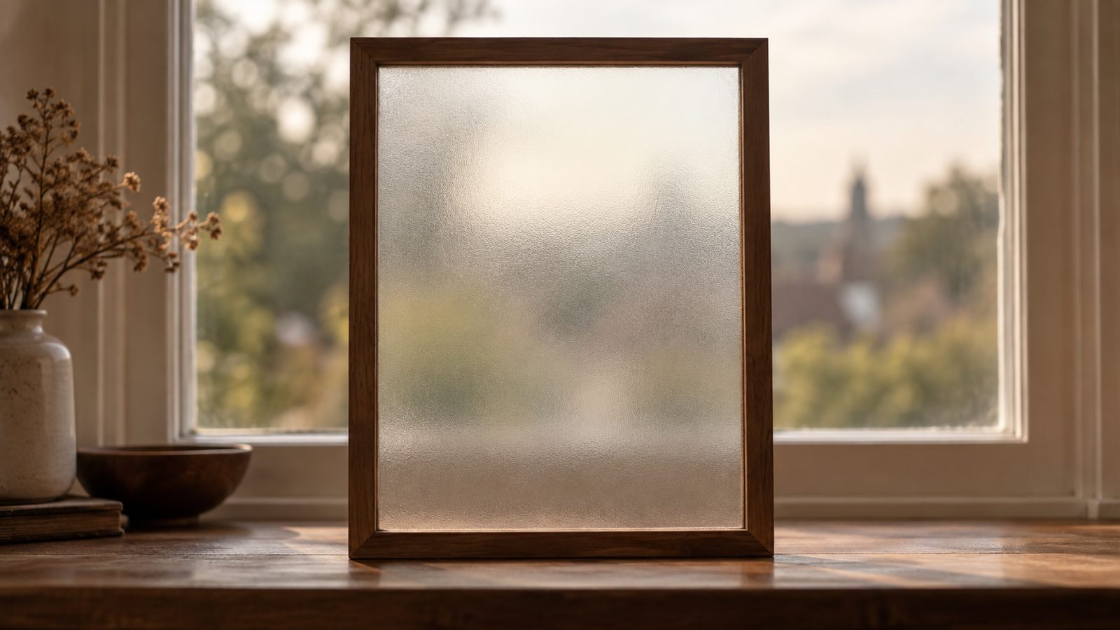 A pane of frosted glass softening the view beyond a window, an image for a lesson on Heikin Ashi, waves and harmonics