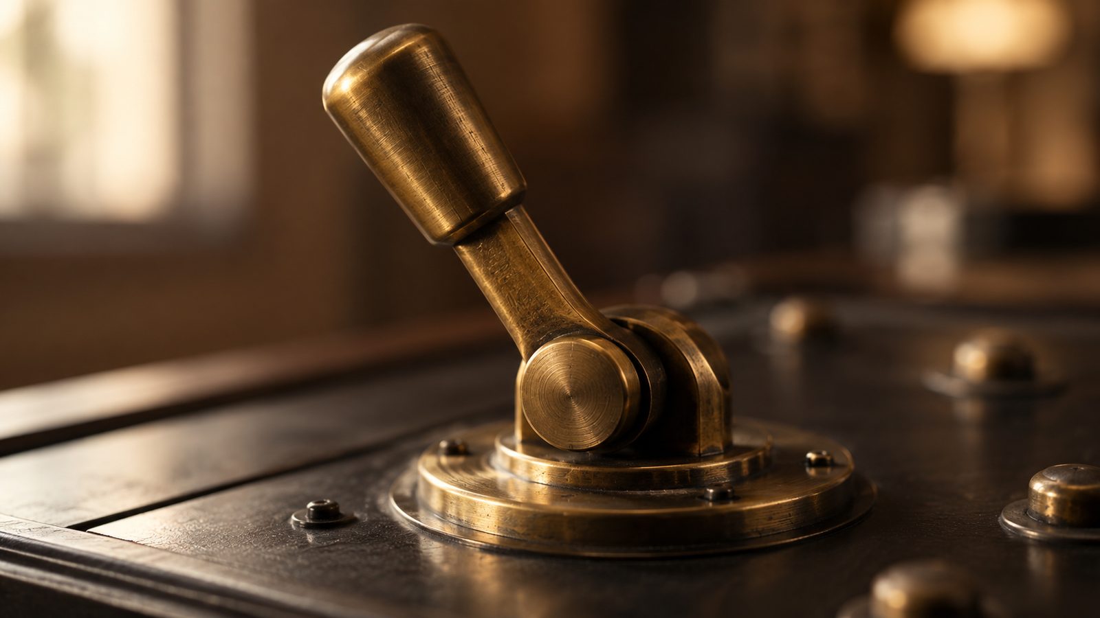 A heavy brass lever switch on a control panel, an image for a lesson on how orders reach the market