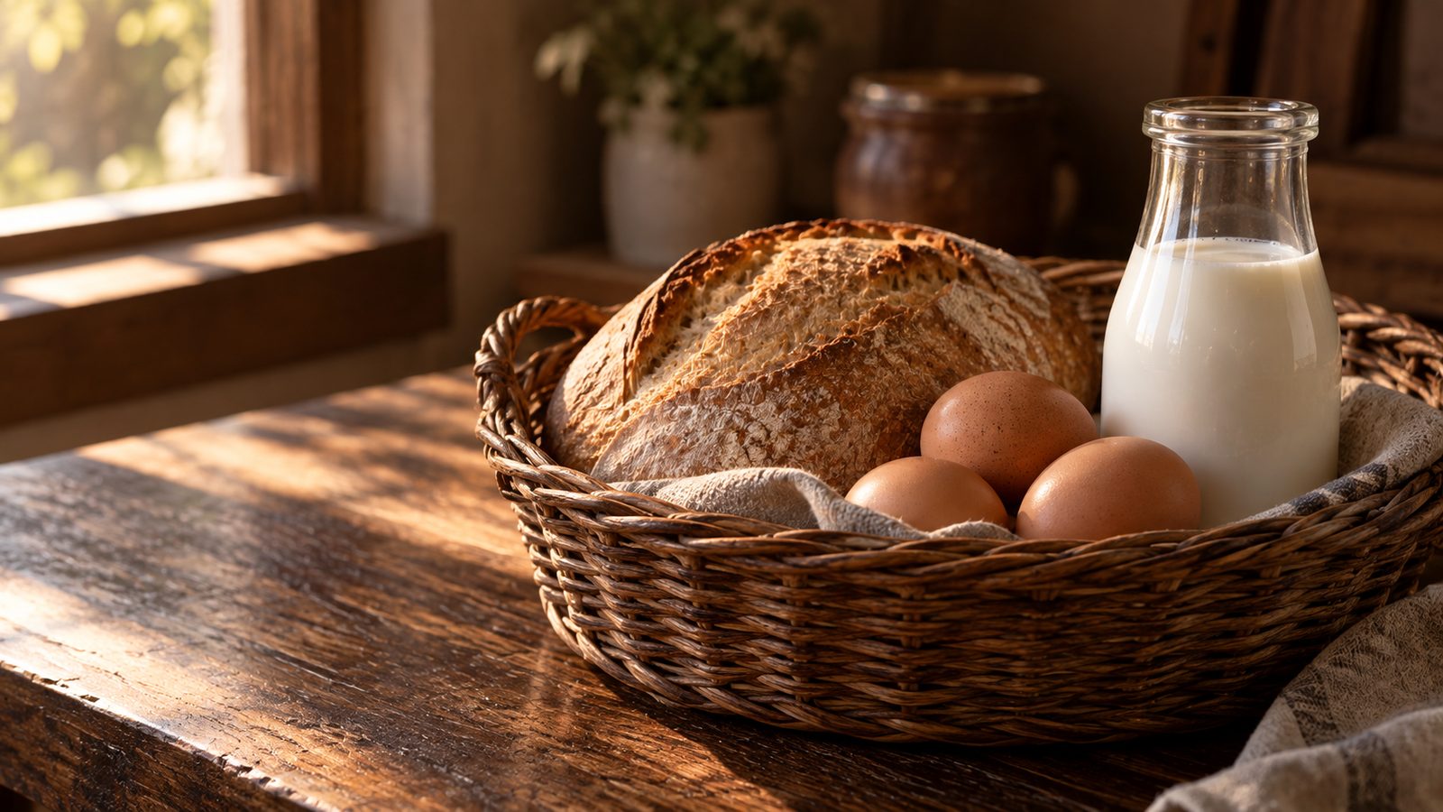 A basket of bread, eggs and milk on a kitchen table, an image for a lesson on inflation, jobs and growth