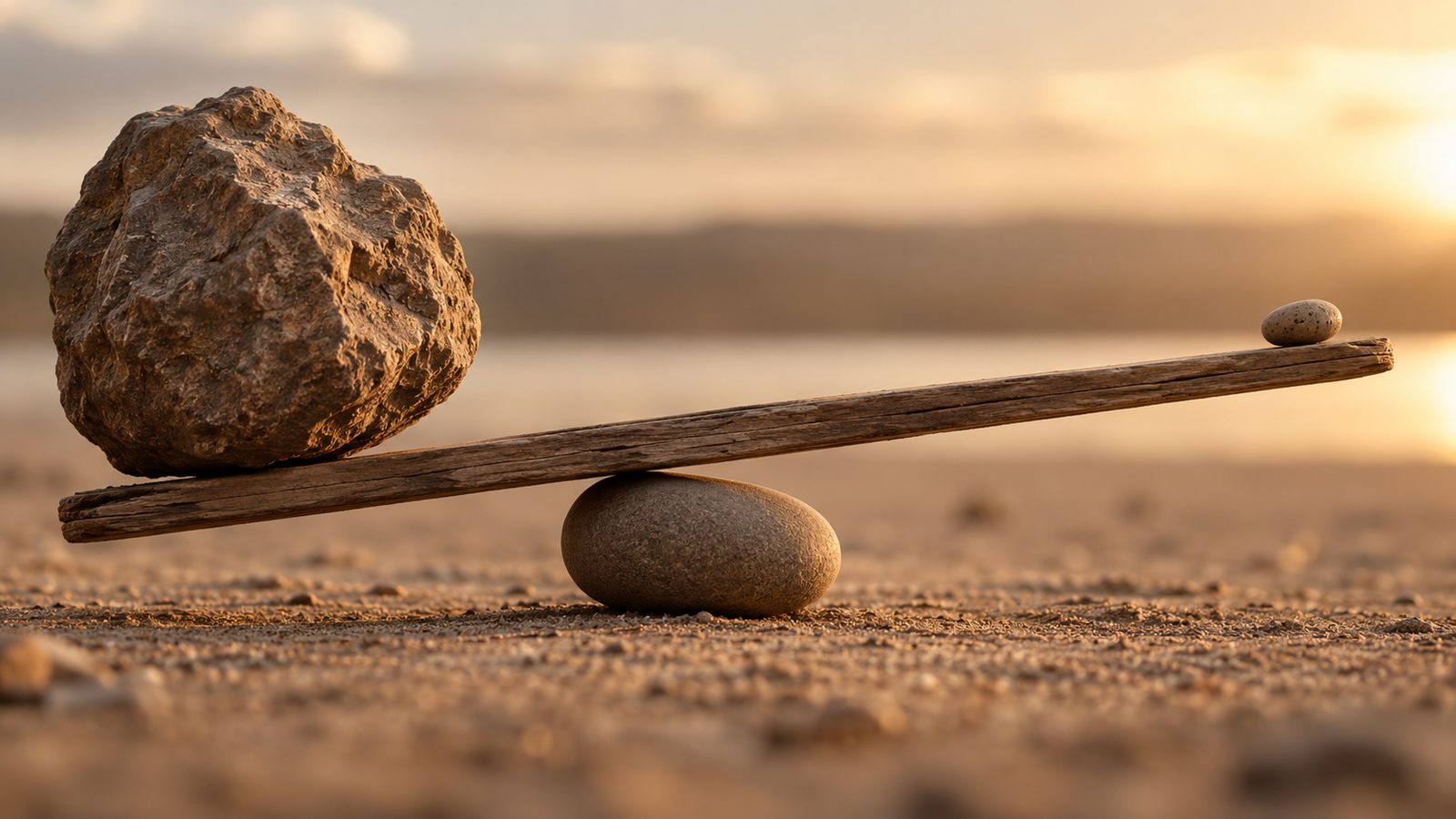 A plank balanced on a stone with a boulder on the short end, an image for a lesson on leverage and margin