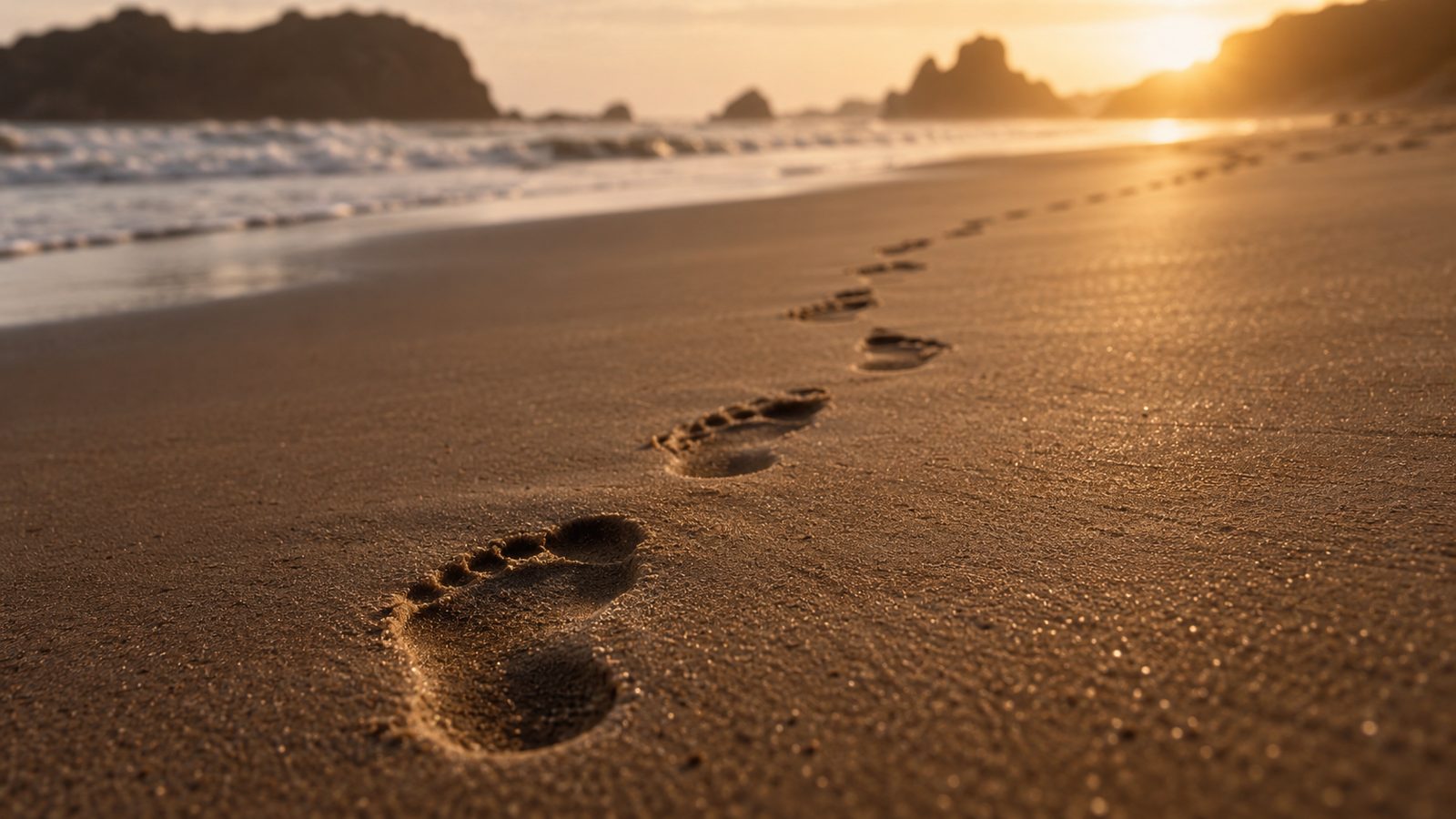 Footprints curving across smooth sand at sunset, an image for a lesson on moving averages and trend