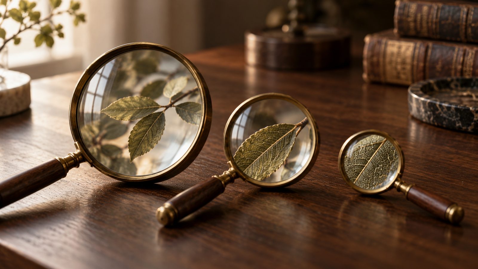 Three magnifying glasses of different sizes in a row, an image for a lesson on multiple timeframes