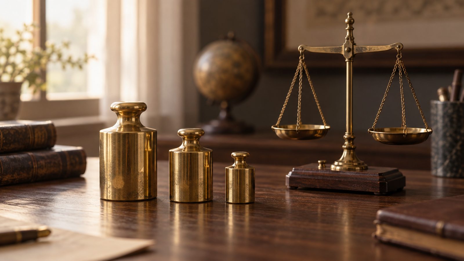 Brass calibration weights and a balance scale, an image for a lesson on pips, points and lots