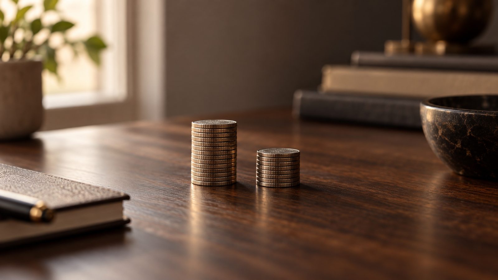 Two stacks of coins side by side on a desk, an image for a lesson on reading a currency pair
