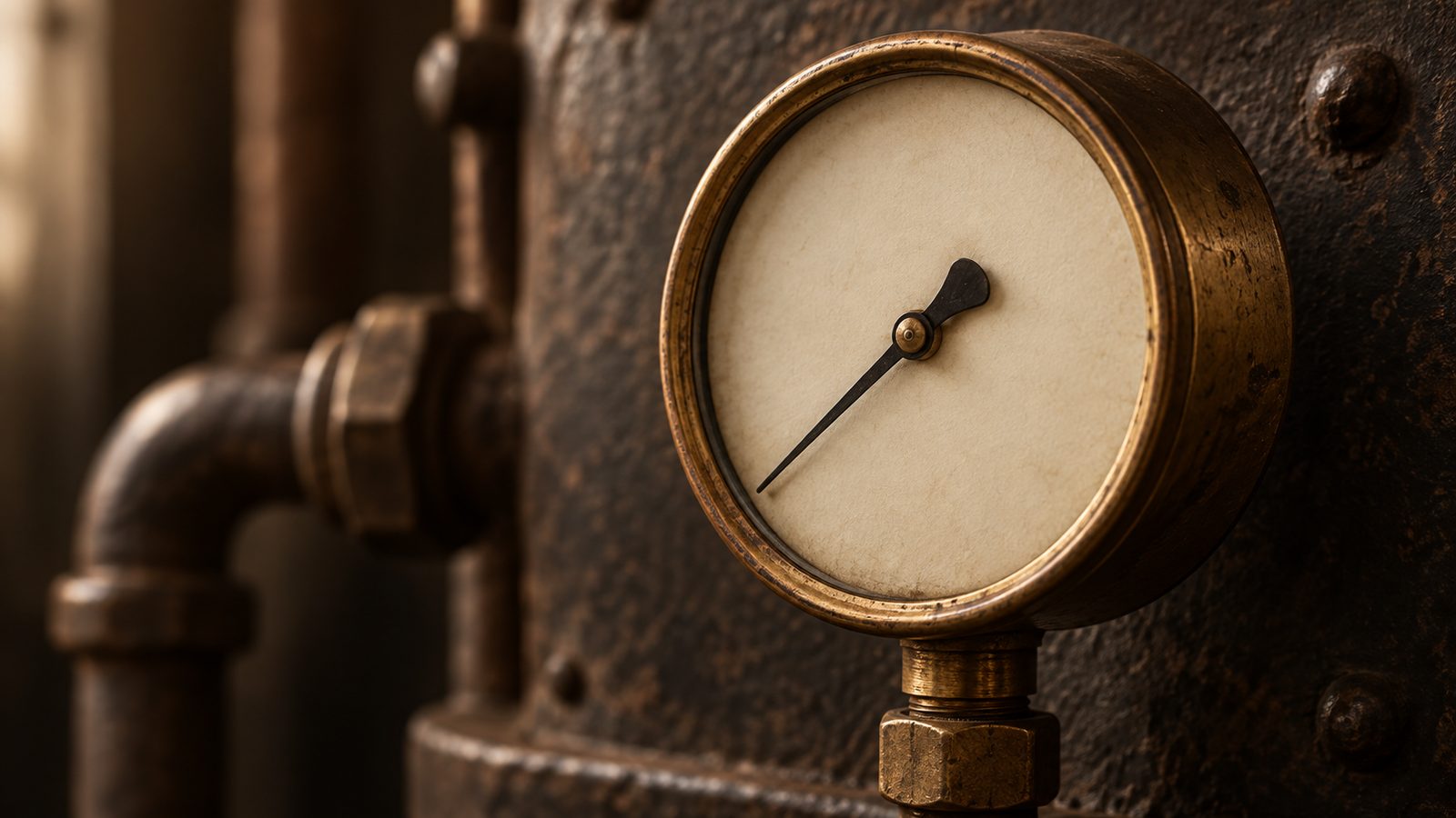 A vintage brass pressure gauge on dark metal, an image for a lesson on RSI, MACD and volatility