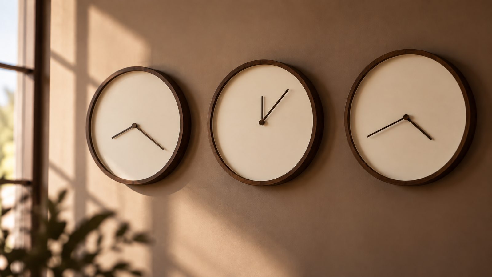 Three wall clocks on a quiet office wall, an image for a lesson on gold trading sessions and liquidity