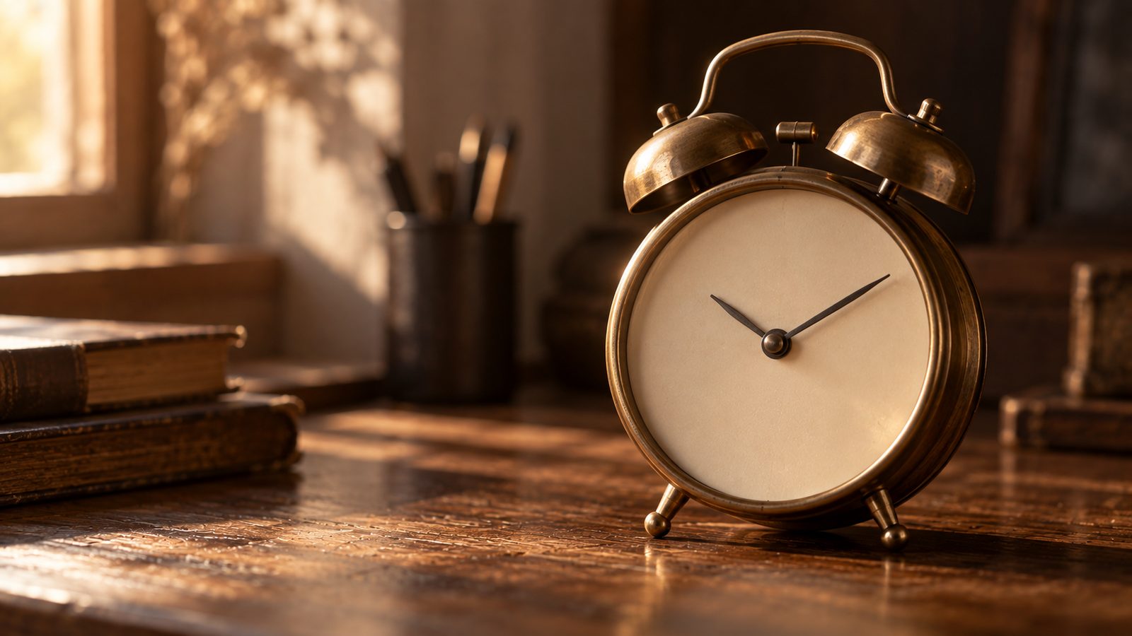 A vintage brass alarm clock on a desk, an image for a lesson on trading around scheduled news