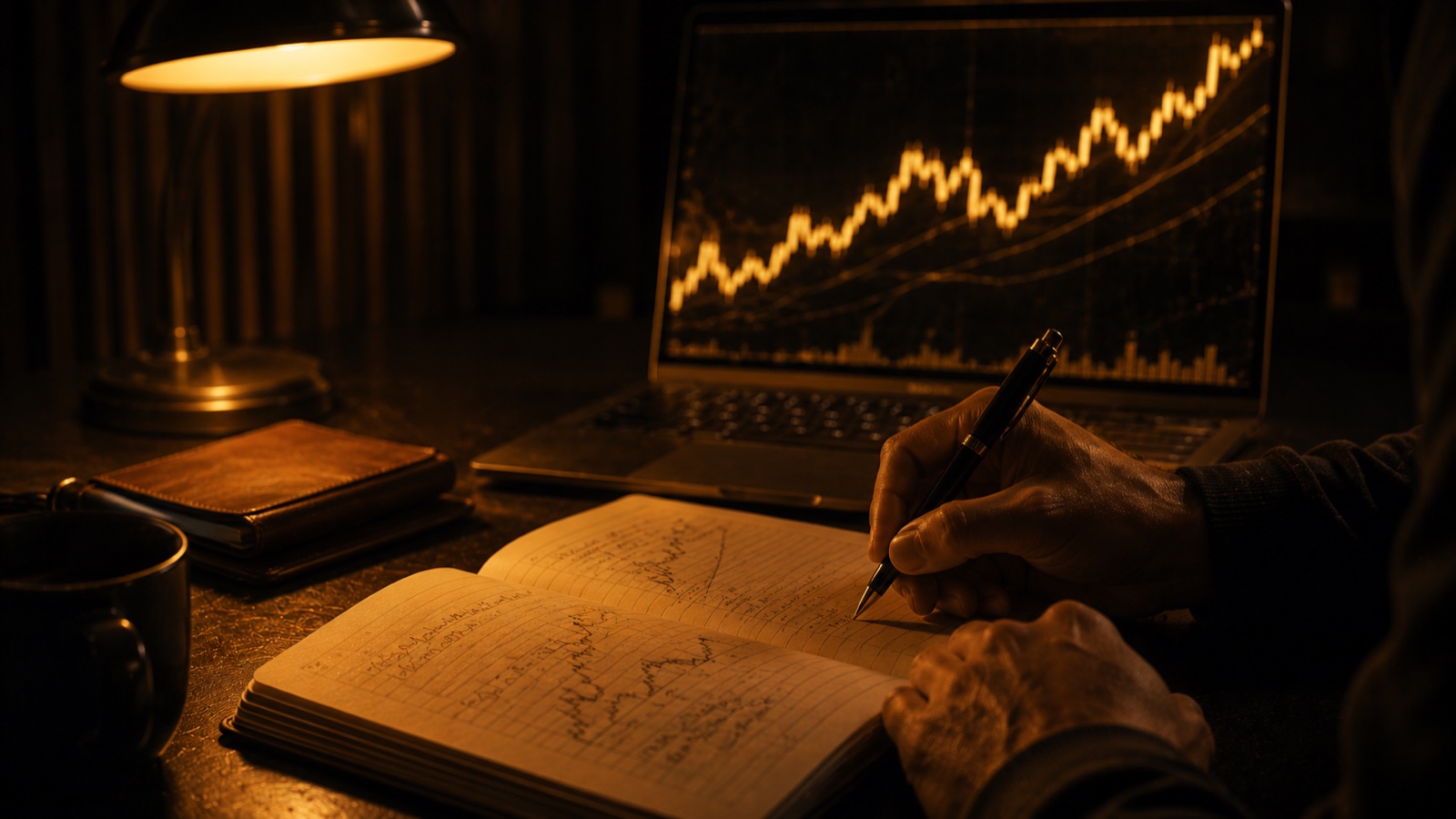 A trader writing in a journal by warm lamp light beside a laptop showing a glowing gold chart, studying to understand, not just copy