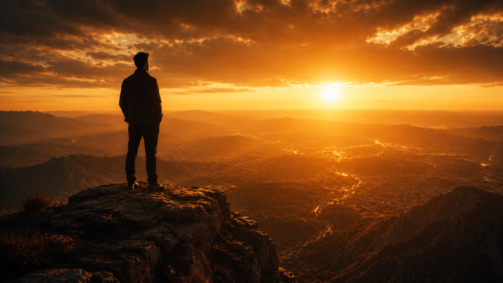 A confident trader standing alone at a mountain summit at golden dawn, looking out over a vast landscape, grown into self-reliance