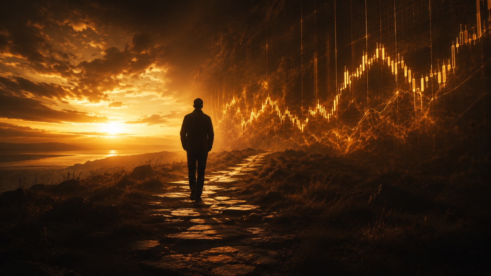A lone trader walking their own path toward a golden sunrise beside a glowing XAU/USD market chart