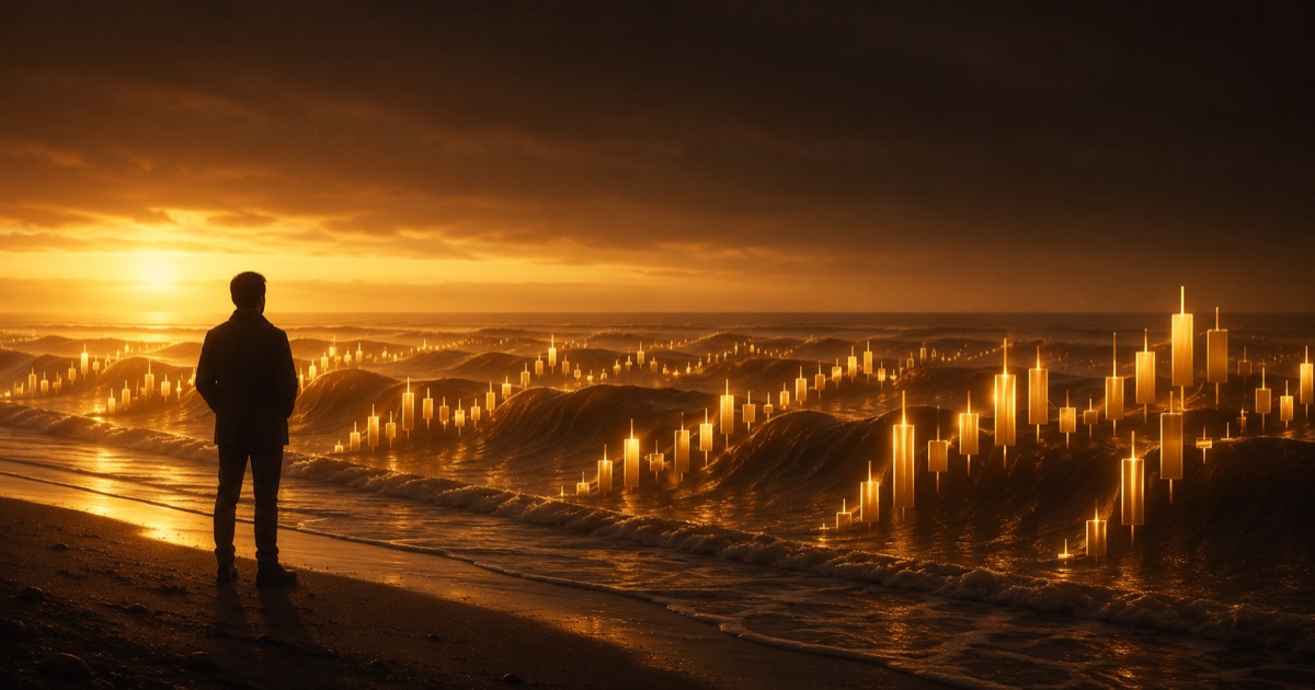 A lone trader standing calmly on a shore at dawn, watching an ocean of glowing golden candlestick waves, patience in gold trading
