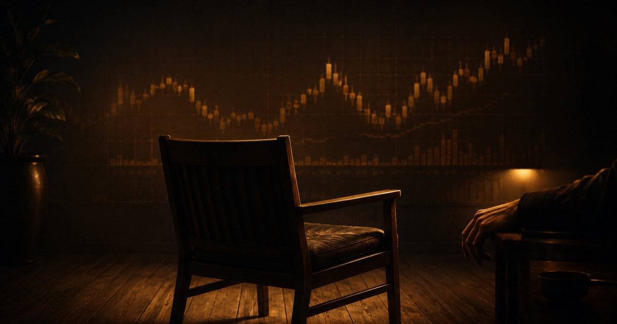 An empty chair facing a dim wall of softly glowing price charts, deliberately choosing not to act