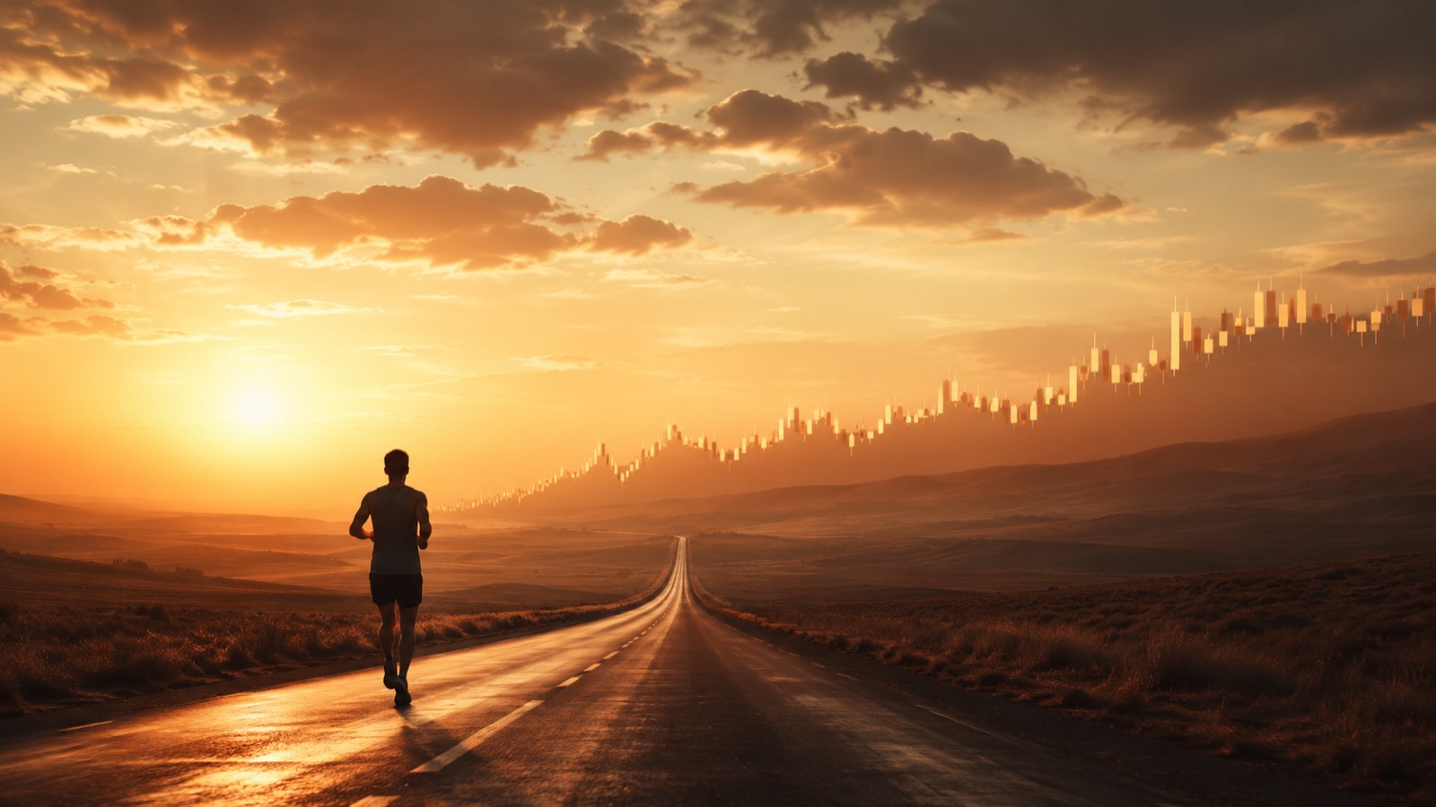 A lone marathon runner on an open road at sunrise, the horizon rising like a candlestick chart
